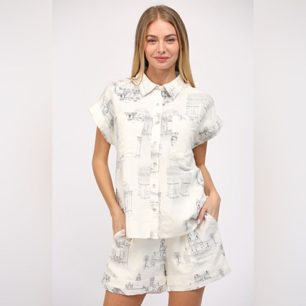 103. Scenic Print Linen Shorts & Shirt Set
